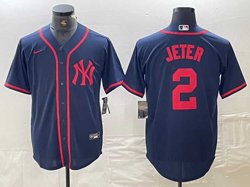 Mens New York Yankees #2 Derek Jeter Navy Red Fashion Cool Base Jersey